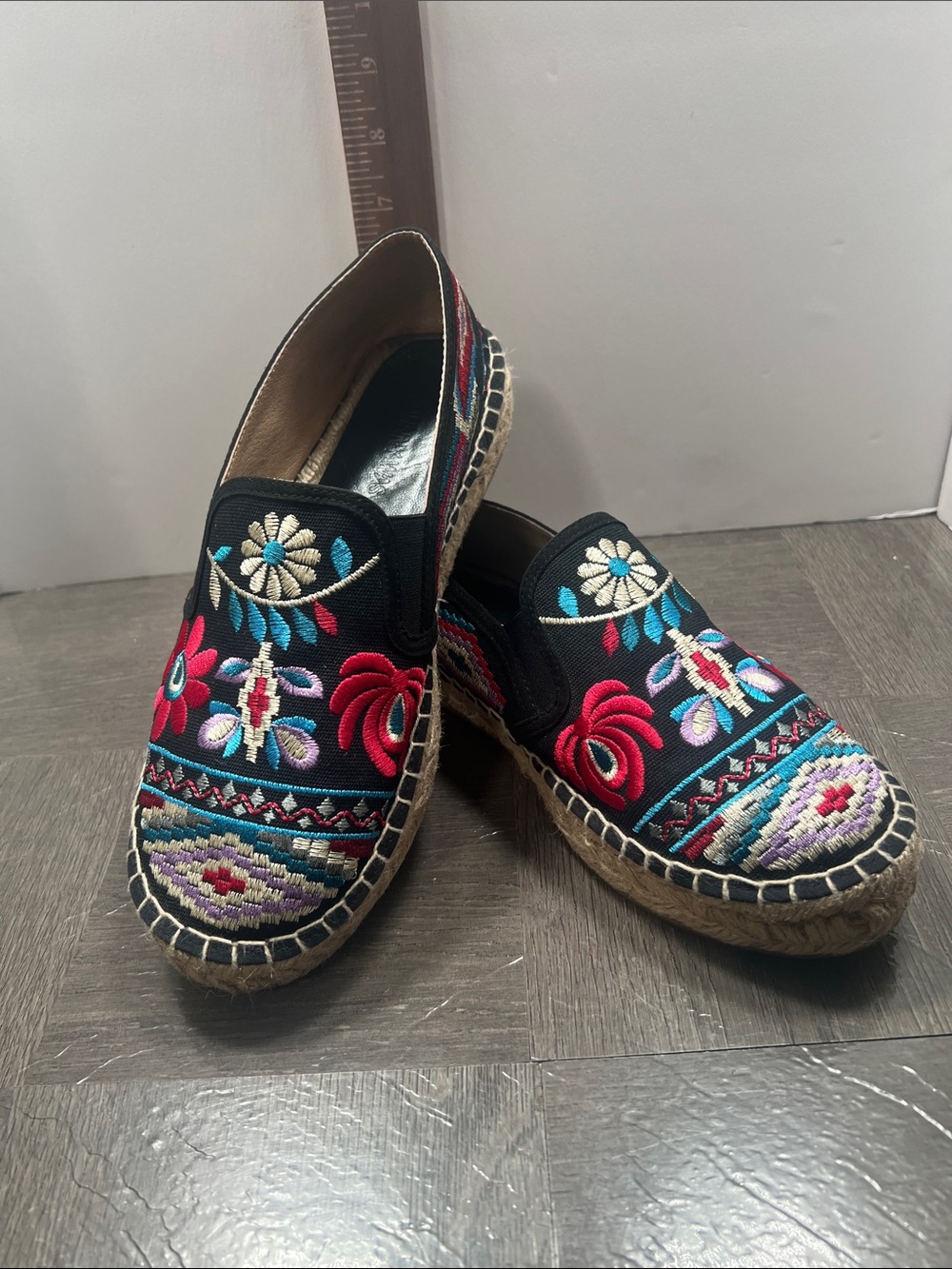 Johnny Was Black Embroidered Slip-On Espadrilles - Women's